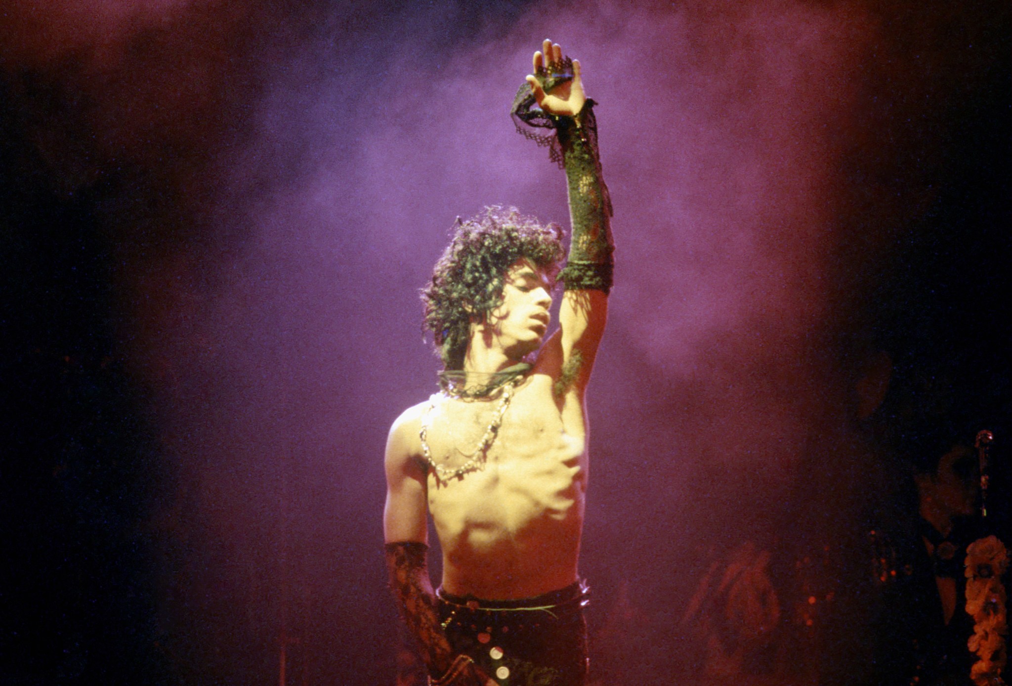 Prince performs at the Fabulous Forum Feb. 19, 1985, in Inglewood, California. Photo by Michael Ochs Archives/Getty Images.