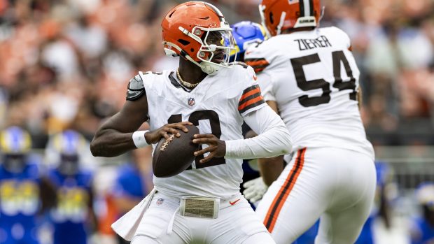 Cleveland Browns quarterback Shedeur Sanders throws a pass