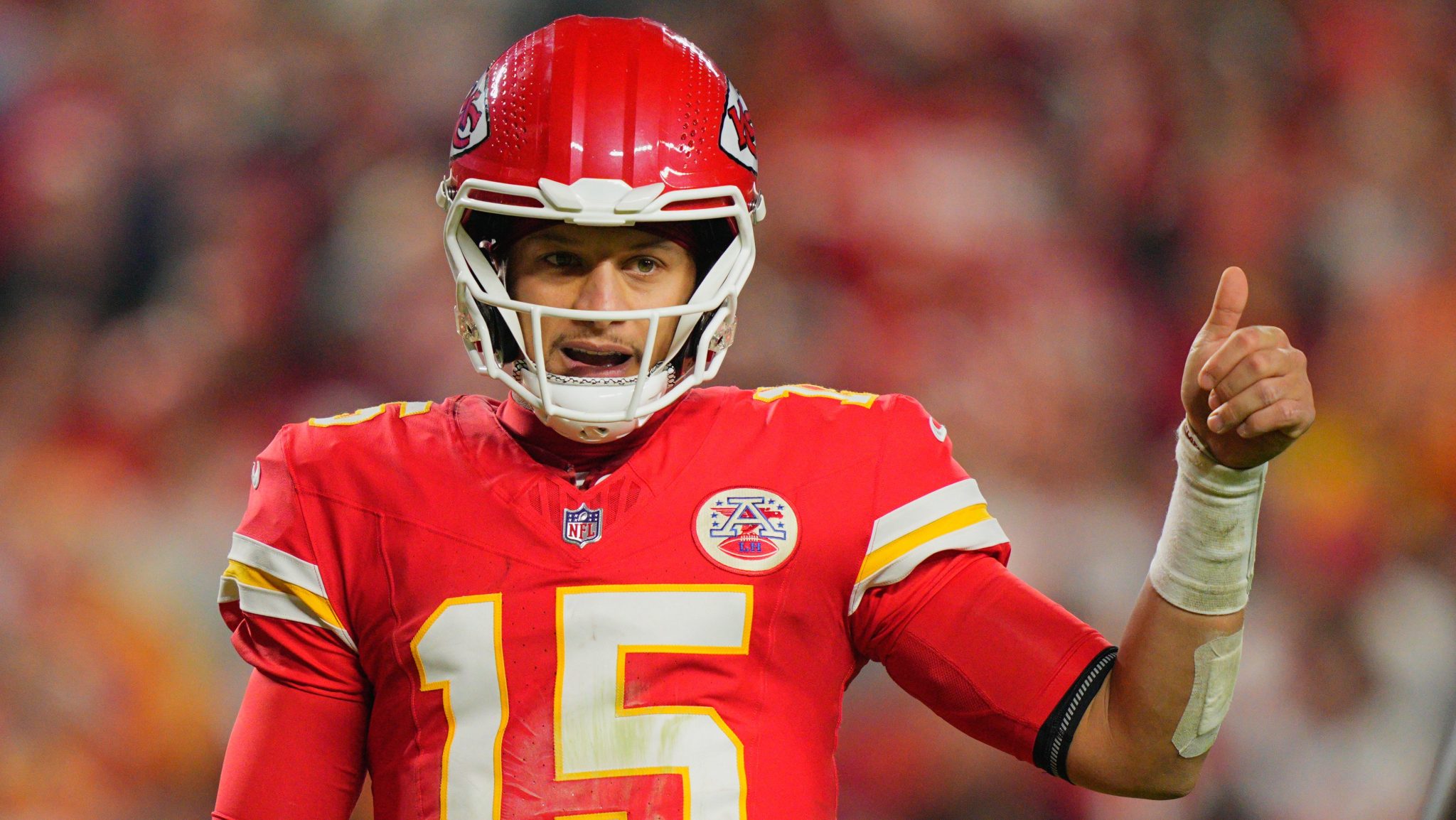 Kansas City Chiefs quarterback Patrick Mahomes gives a thumbs up
