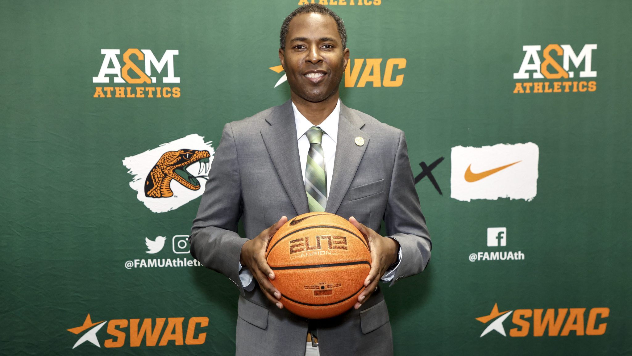 Florida A&M head men's basketball coach Charlie Ward poses for a photo after his introductory press conference on April 21, 2025, on campus at the Alfred Lawson Jr. Multipurpose Center and Teaching Gymnasium in Tallahassee, Florida.
