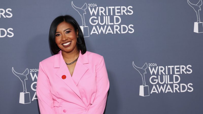 Joya McCrory in a pink suit at the 2024 Writers Guild Awards held at the Hollywood Palladium on April 14, 2024 in Los Angeles, California