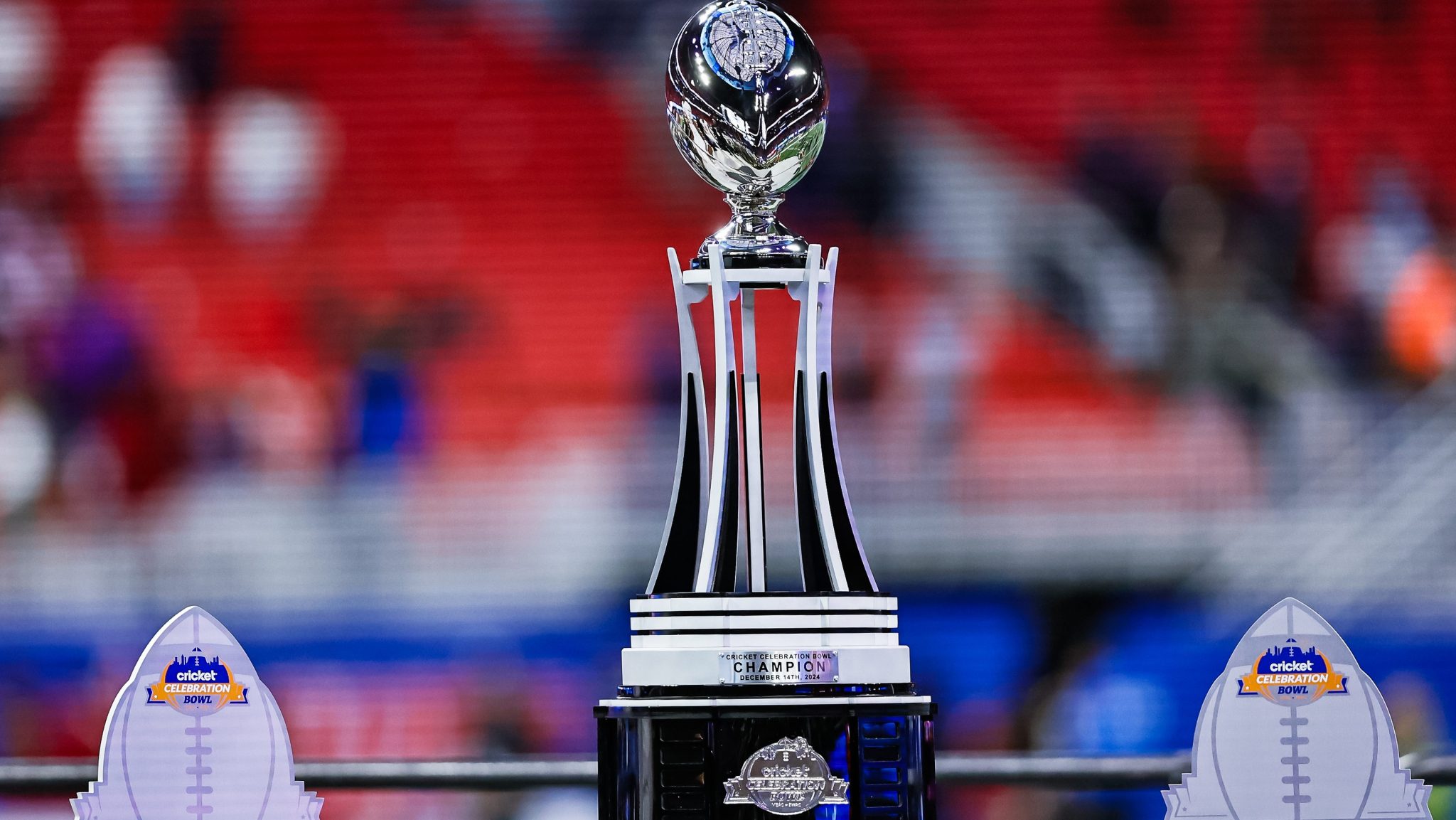 The Celebration Bowl trophy is seen on the field after Jackson State defeated South Carolina State for the championship on Dec. 14, 2024, at Mercedes-Benz Stadium in Atlanta.