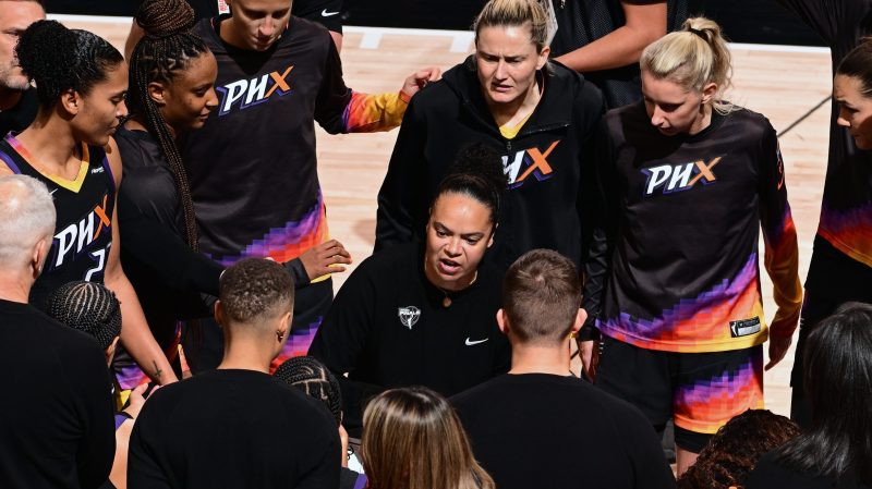 Phoenix Mercury assistant coach Kristi Toliver (center) speaks to the team during Game 3 of the WNBA Finals on Oct. 8, 2025, at PHX Arena in Phoenix.