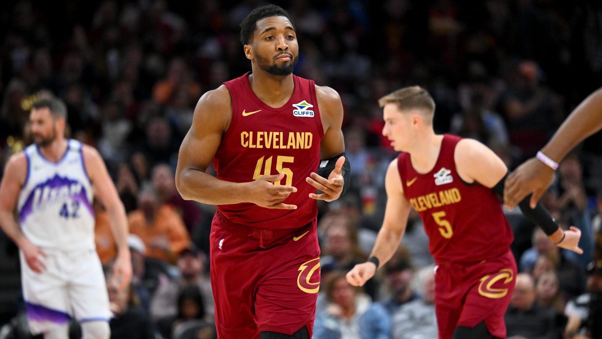 Guard Donovan Mitchell celebrates on the court