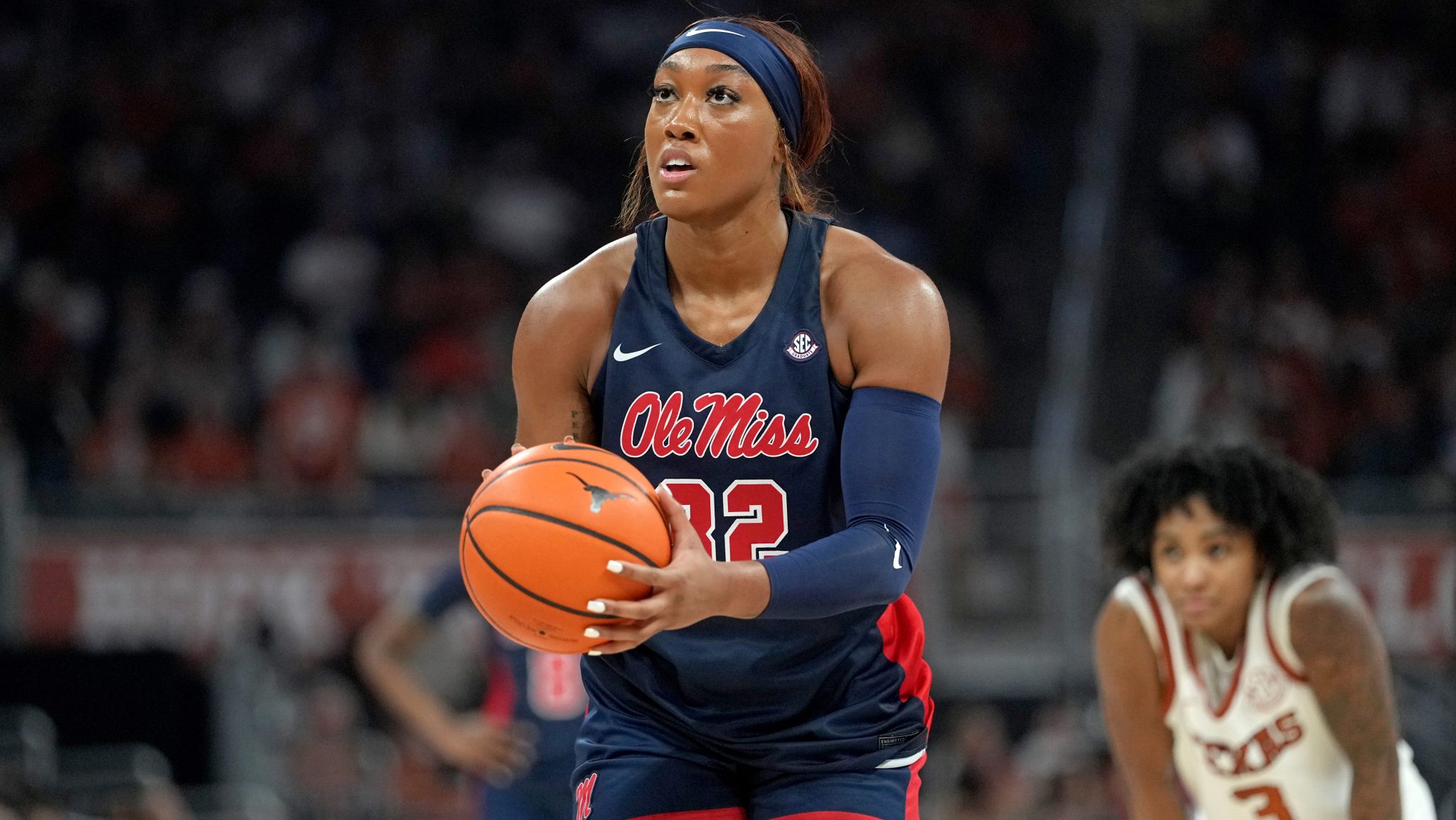 Cotie McMahon of Ole Miss shoots a free throw during the second half of a game against Texas on Jan. 4, 2026, at Moody Center in Austin, Texas.