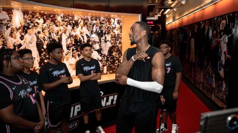 Bam Adebayo talks to students