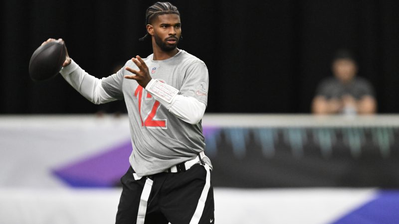 Shedeur Sanders looks to pass during a practice session at the Pro Bowl.