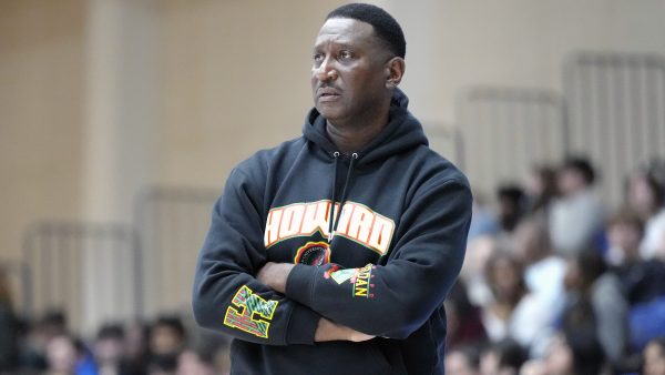 Howard University head men's basketball coach Kenneth Blakeney looks on during an exhibition game against American University on Oct. 28, 2024, in Washington, D.C.