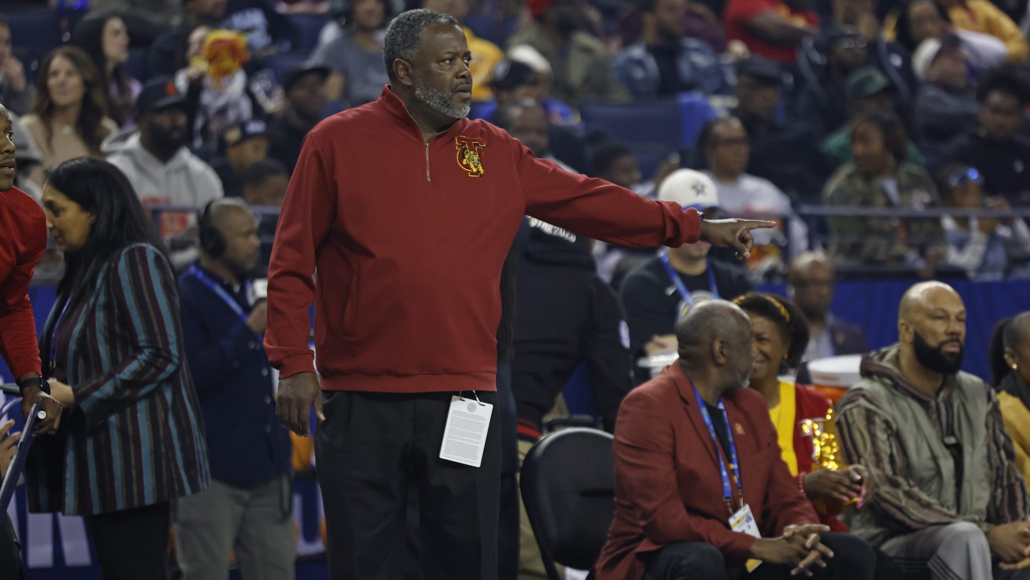 Benjy Taylor, head men's basketball coach at Tuskegee University, watches as his team plays Morehouse College during the 2025 NBA HBCU Classic game in Oakland, California.