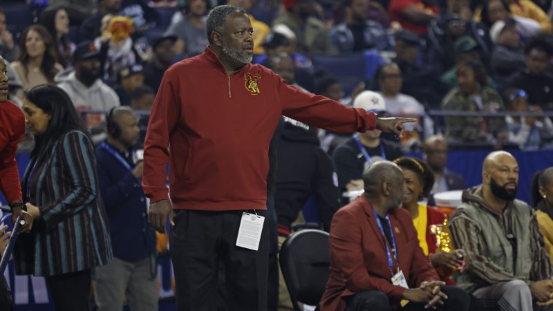 Benjy Taylor, head men's basketball coach at Tuskegee University, watches as his team plays Morehouse College during the 2025 NBA HBCU Classic game in Oakland, California.