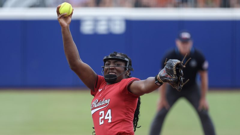 NiJaree Canady of Texas Tech pitches during Game 3 of the Women's College World Series championship series on June 6, 2025, at USA Softball Hall of Fame Stadium in Oklahoma City.