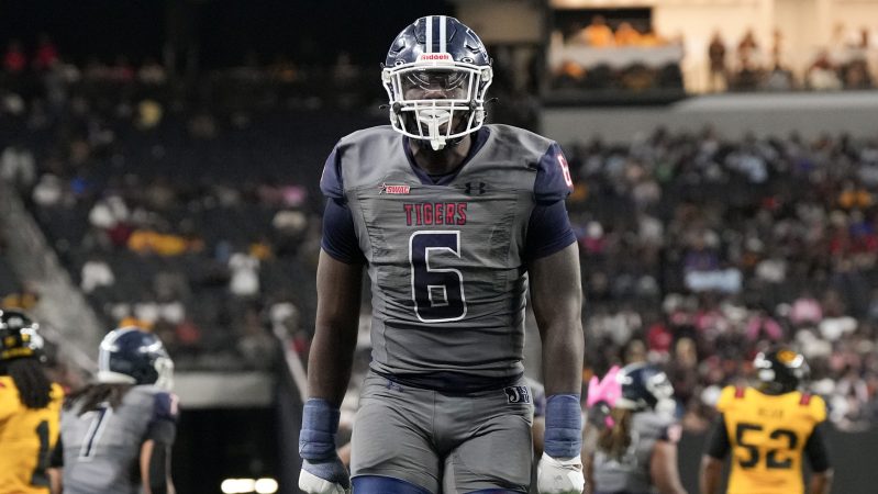 Jackson State defensive lineman Quincy Ivory reacts to a play against Grambling State during the Las Vegas HBCU Classic on Oct. 25, 2025, at Allegiant Stadium in Las Vegas.