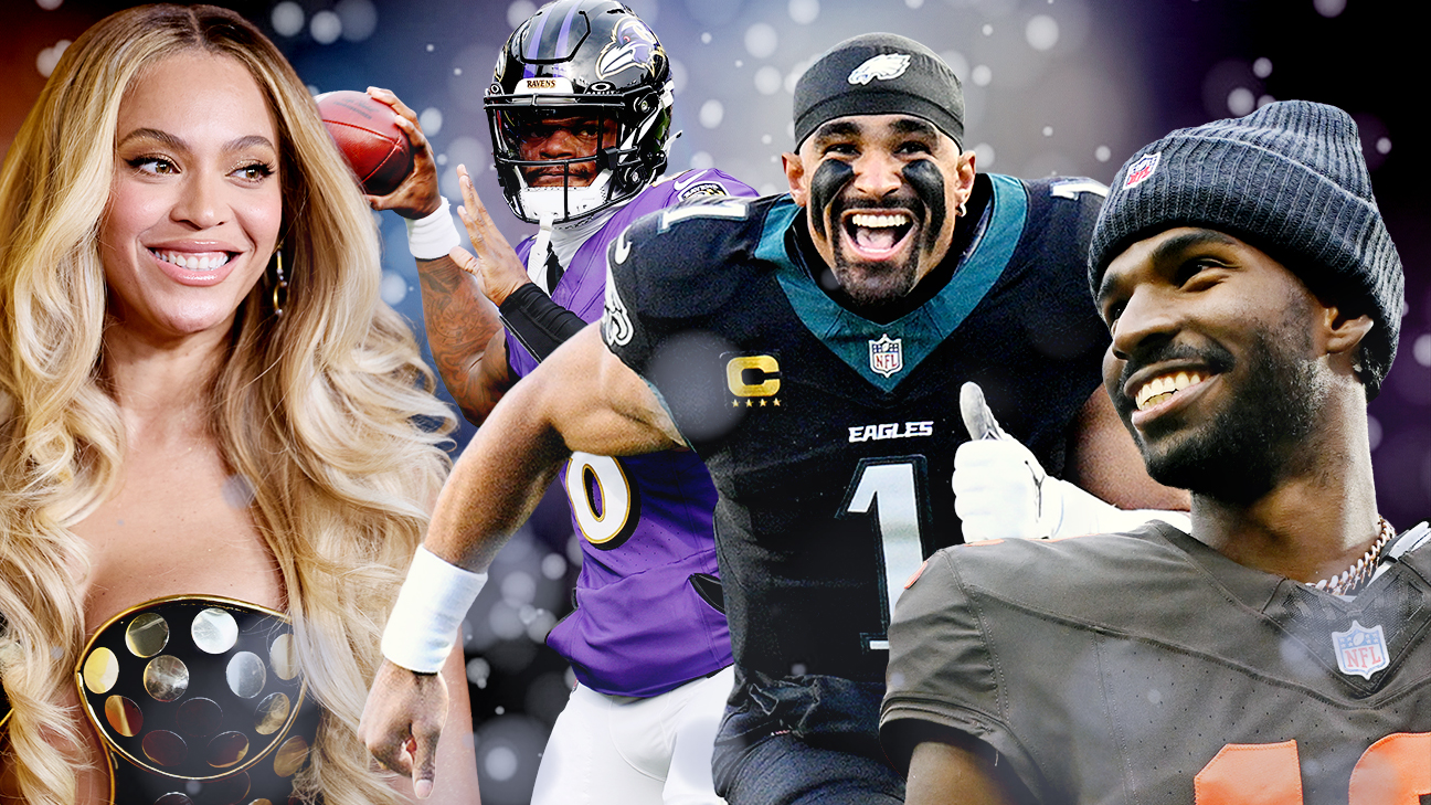 From left to right: Beyoncé, Lamar Jackson, Jalen Hurts and Shedeur Sanders.