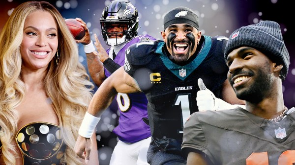 From left to right: Beyoncé, Lamar Jackson, Jalen Hurts and Shedeur Sanders.