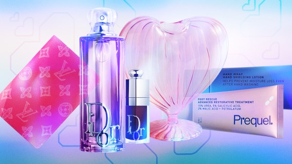 Louis Vuitton wallet, Dior perfume, heart vase, and foot and hand lotion