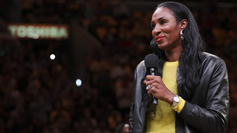 Lisa Leslie reacts during the jersey retirement ceremony for former Los Angeles Sparks teammate Candace Parker on June 29, 2025, in Los Angeles.
