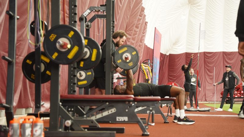 Morgan State's Erick Hunter completes 16 repetitions on the bench press during the HBCU Showcase on March 30, 2026, at the Washington Commanders' practice facility in Ashburn, Va.