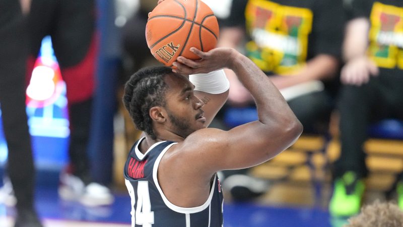 Howard player Bryce Harris takes a foul shot during an exhibition college game against American University on Oct. 28, 2024, at Bender Arena in Washington, D.C.