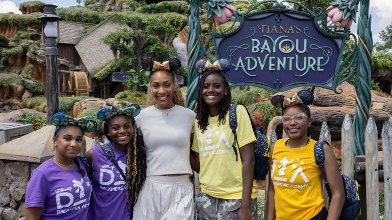 Las Vegas Aces star A’ja Wilson (center) visits Tiana’s Bayou Adventure with Disney Dreamers Academy participants (from left) Alani Jordan, Domenique Sexton, Shakayah Watson and Krysten Lewis on March 27, 2026, at Walt Disney World Resort in Lake Buena Vista, Florida.