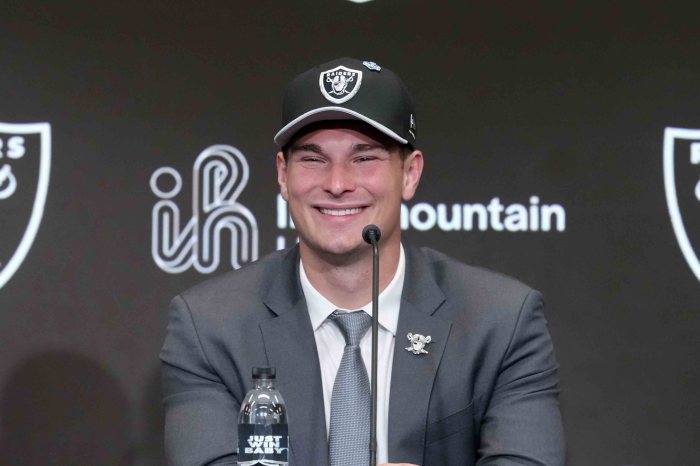 Las Vegas Raiders quarterback Fernando Mendoza speaks at introductory press conference
