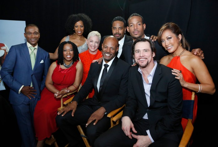 Some members of the cast of In Living Color reunite for a "Good Morning America" interview. From L-R: Tommy Davidson, T'keyah Crystal Keymah, Kim Wayans, Kelly Coffield Park, Keenen Ivory Wayans, Shawn Wayans, Marlon Wayans, Jim Carrey, and Carrie Ann Inaba.