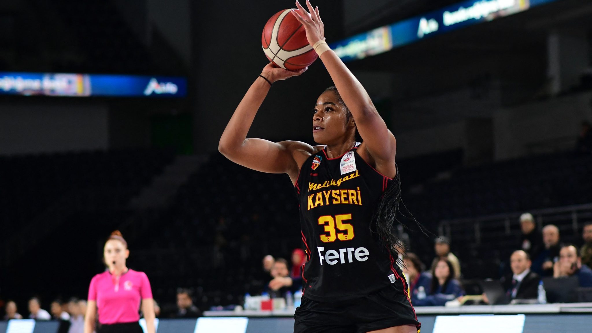 Charli Collier of Melikgazi Kayseri Basketball looks to pass during a Halkbank Womens Basketball Super League (KBSL) game on Dec. 27, 2025, at Ankara Arena in Ankara, Turkey.