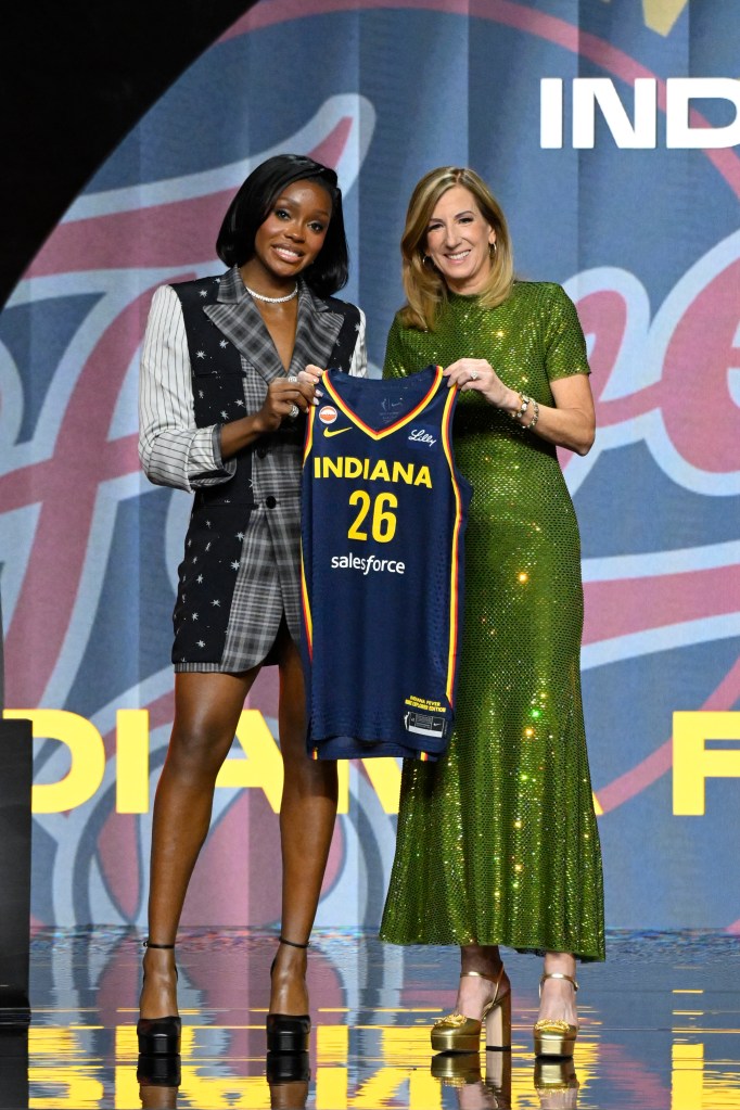 Raven Johnson (left) poses for a photo with WNBA commissioner Cathy Engelbert (right) after getting drafted by the Indiana Fever during the 2026 WNBA draft on April 13, 2026, at The Shed in New York City. 
