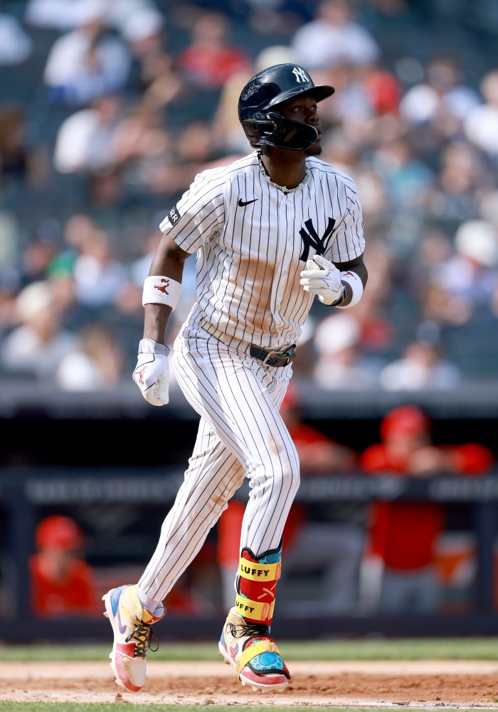 Jazz Chisholm Jr. watches after getting a hit