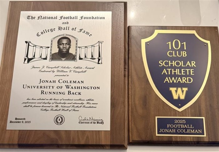 Jonah Coleman's scholar athlete award and plaque.
