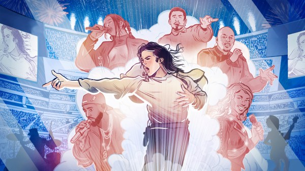 An illustration of performers at the Super Bowl, including Rihanna, Bad Bunny, Dr. Dre, Kendrick Lamar, Michael Jackson and Beyoncé.