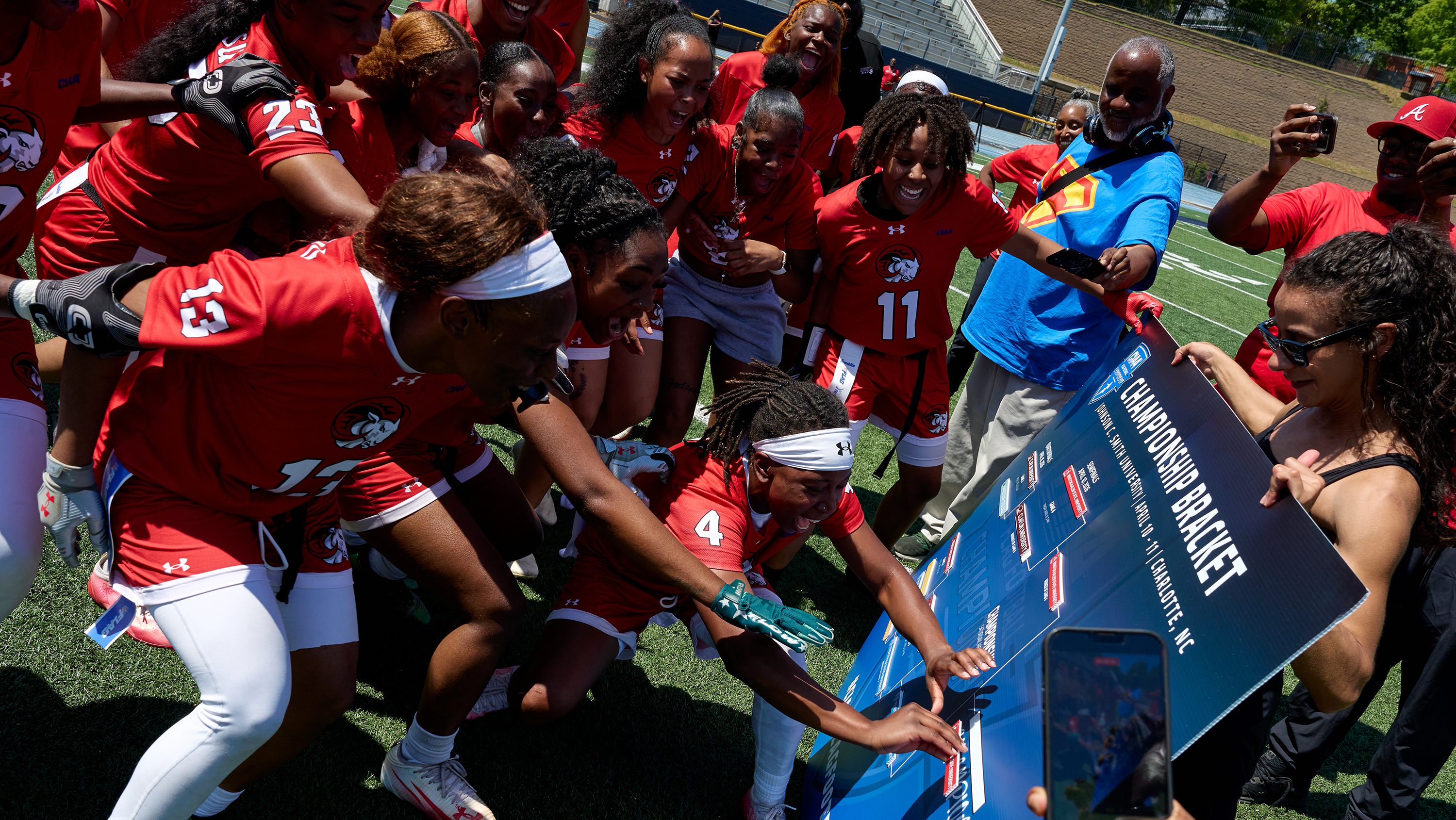 Winston-Salem State's women's flag football team celebrates their second consecutive Central Intercollegiate Athletic Association championship on April 11, 2026, at Johnson C. Smith University in Charlotte.