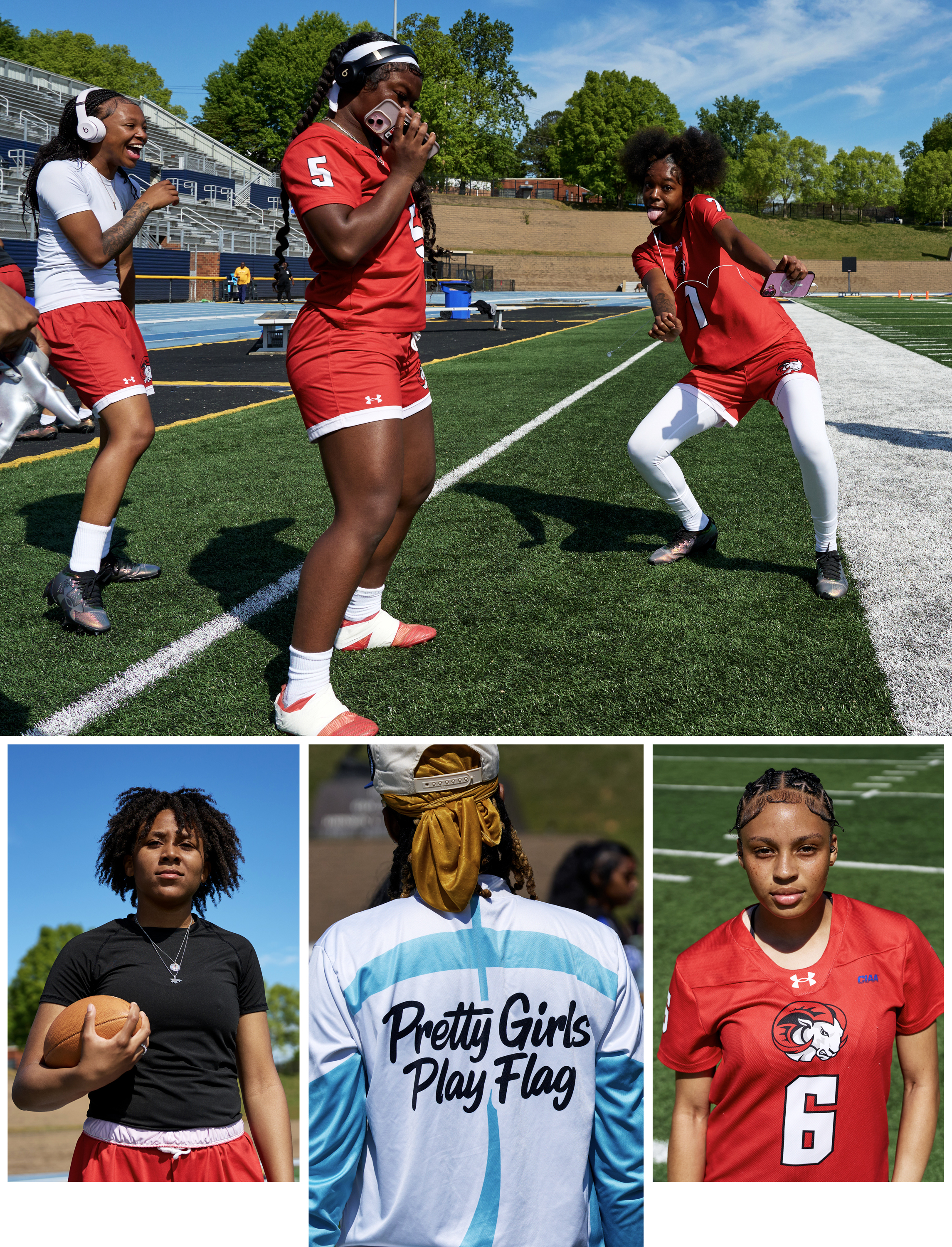 WSSU players laugh and dance during warm ups. Three portraits below in grid, two facing camera and a center image with the back of a jersey reading "pretty girls play flag."