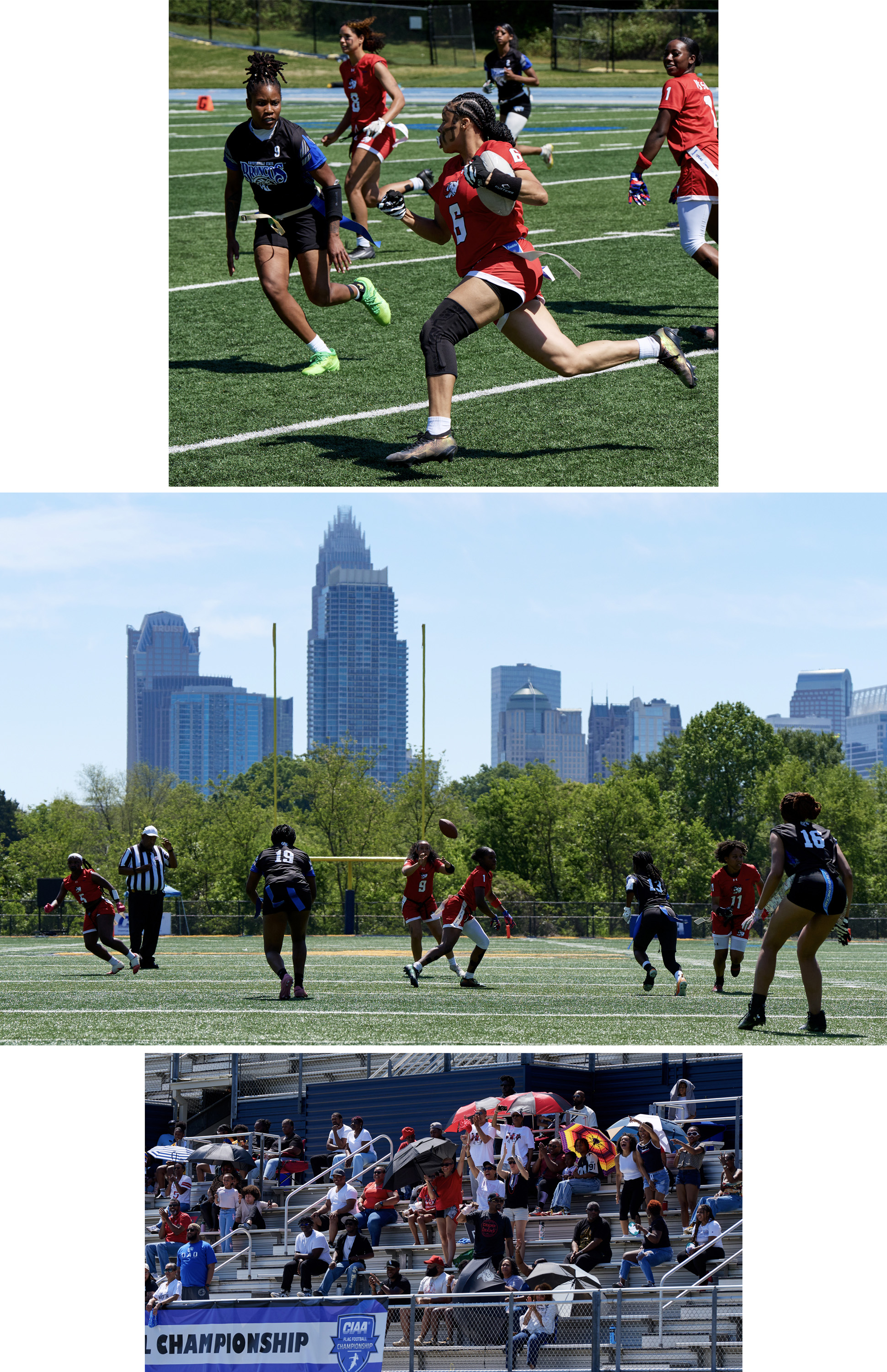 Three images stacked vertically, one playing flag, one wide with the Charlotte skyline behind, and one of fans cheering in bleachers.