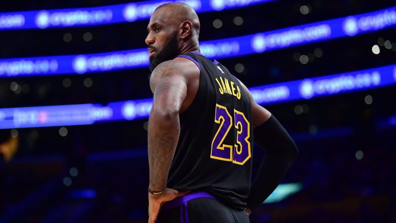 LeBron James has his hands on his hips and stands on the court.