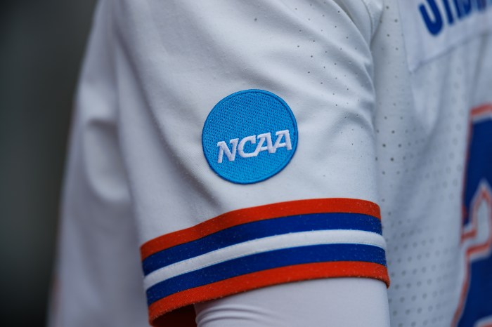 A general view of the NCAA logo on a Florida Gators jersey
