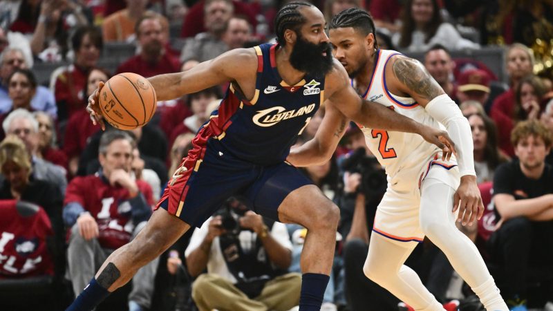 James Harden holds the ball and looks to make a move.