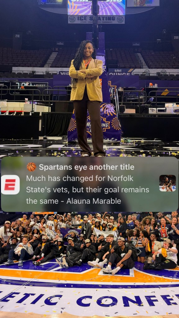 Top: Alauna Marable stands on the court after the Mid-Eastern Athletic Conference basketball tournament championship game in Norfolk, Va. Middle: An ESPN push alert highlights Alauna Marable's profile on the Norfolk State women's basketball team. Bottom: The Howard's men's and women's basketball teams pose for photos after both teams won MEAC tournament titles. (Credits to ESPN)ESPN