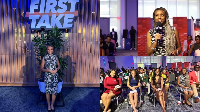 Left: Alauna Marable stands behind the set of "First Take" during the 2025 NABJ Convention. Top right: Alauna Marable asks "First Take" host Stephen A. Smith a question during the broadcast. Bottom right: Rhoden Fellows Raigan Lydon (from left), Calandrea Carter, Ciara Latham and Alauna Marable sit in the front row during the "First Take" broadcast. 