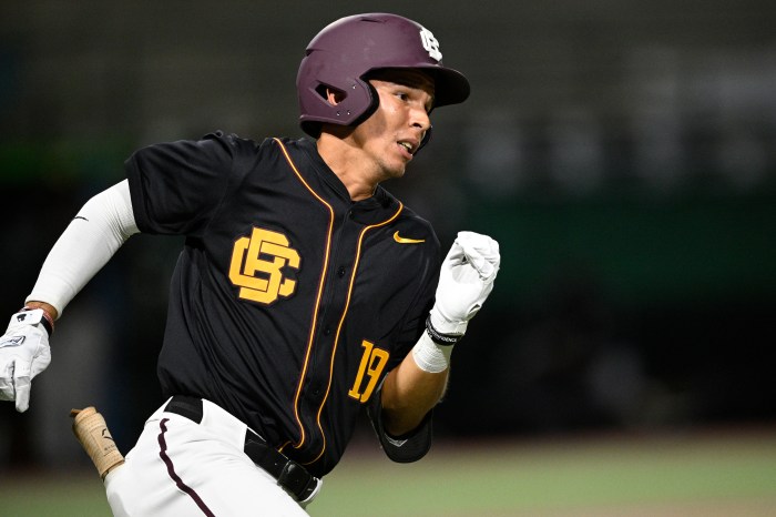 Bethune-Cookman's Sergio Rivera runs after hitting a pitch during a game against Bradley on Feb. 14, 2026, in Daytona Beach, Fla. 