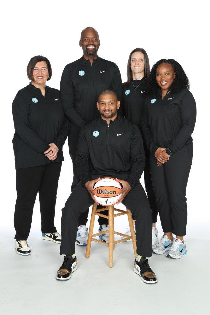 Chicago Sky head coach Tyler Marsh (center) hired three new assistant coaches -- Latricia Trammell (from left), Jhared Simpson and Kelly Faris -- to work alongside assistant coach Rena Wakama (right) this season. 