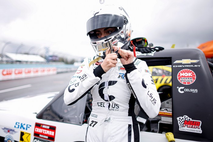 Dystany Spurlock, driver of the No. 69 Foxxtecca Ford, prepares to practice for the NASCAR Craftsman Truck Series Bully Hill Vineyards 176 on May 8, 2026, at Watkins Glen International in New York.