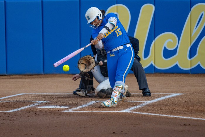 Jordan Woolery swings at a pitch during an NCAA Division I Super Regional game against UCF on May 23, 2026, at Easton Stadium in Los Angeles. 