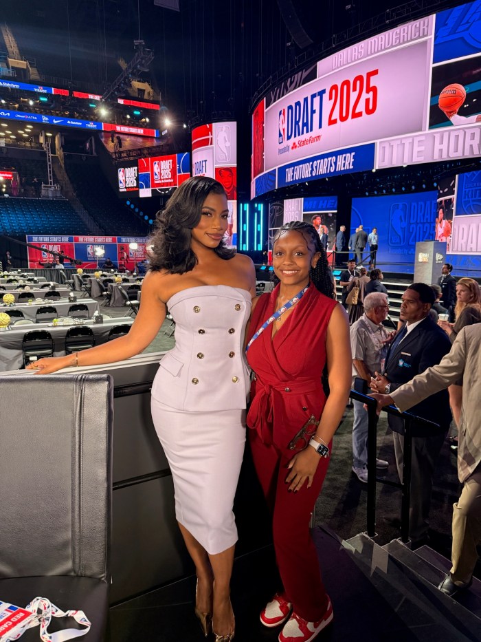 Alauna Marable (right) takes a photo with journalist Taylor Rooks at the NBA draft on June 25, 2025, at Barclays Center in Brooklyn, N.Y.