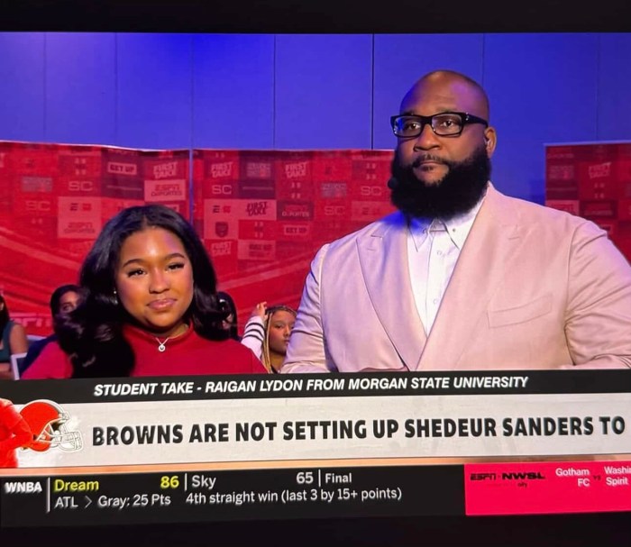 Raigan Lydon appears on the set of "First Take" with commentator Marcus Spears during the show's live broadcast at the 2025 NABJ convention.