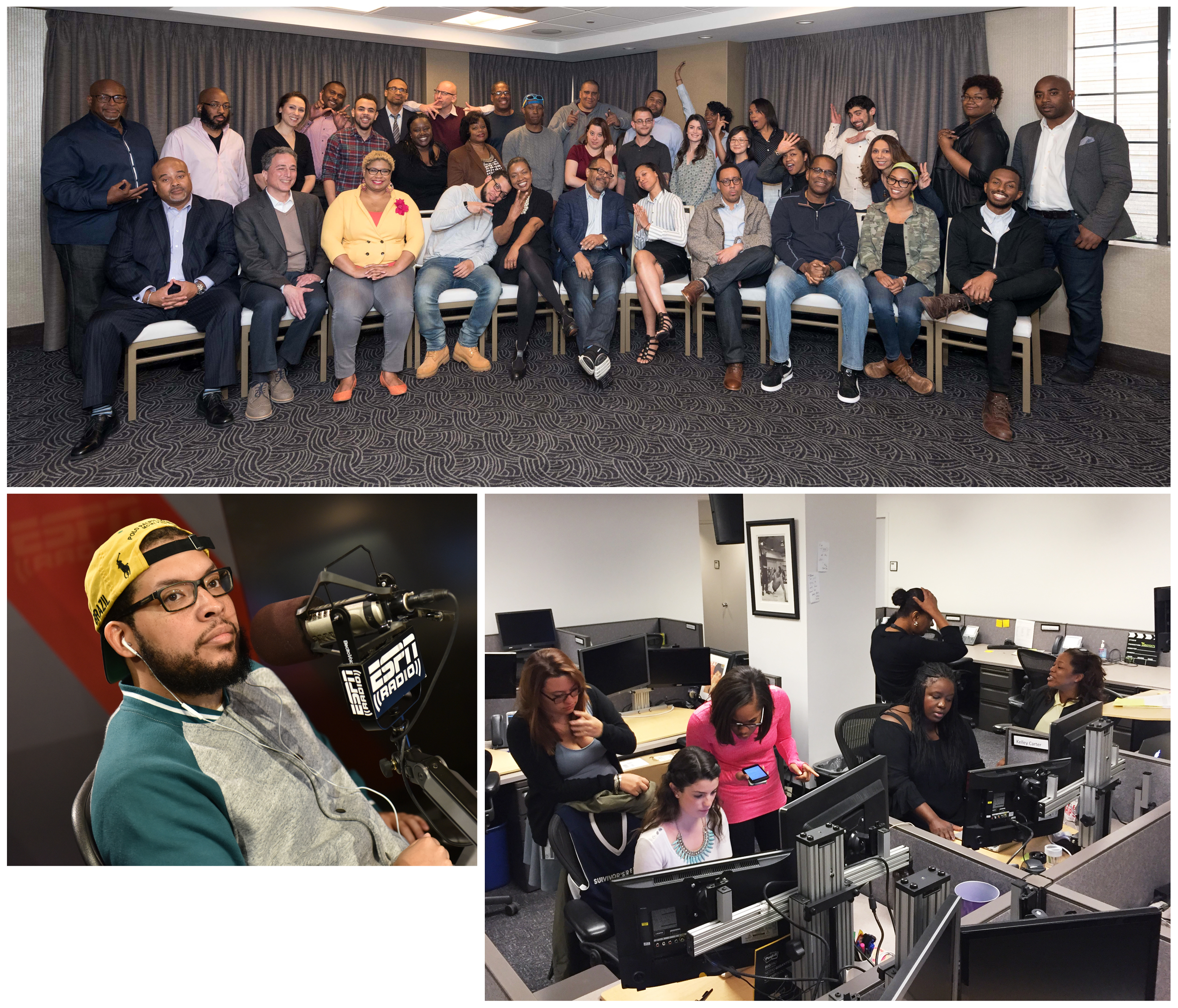 Full staff group photo, tight photo of Tinsley at an ESPN Radio mic, and wide shot of bts newsroom work.