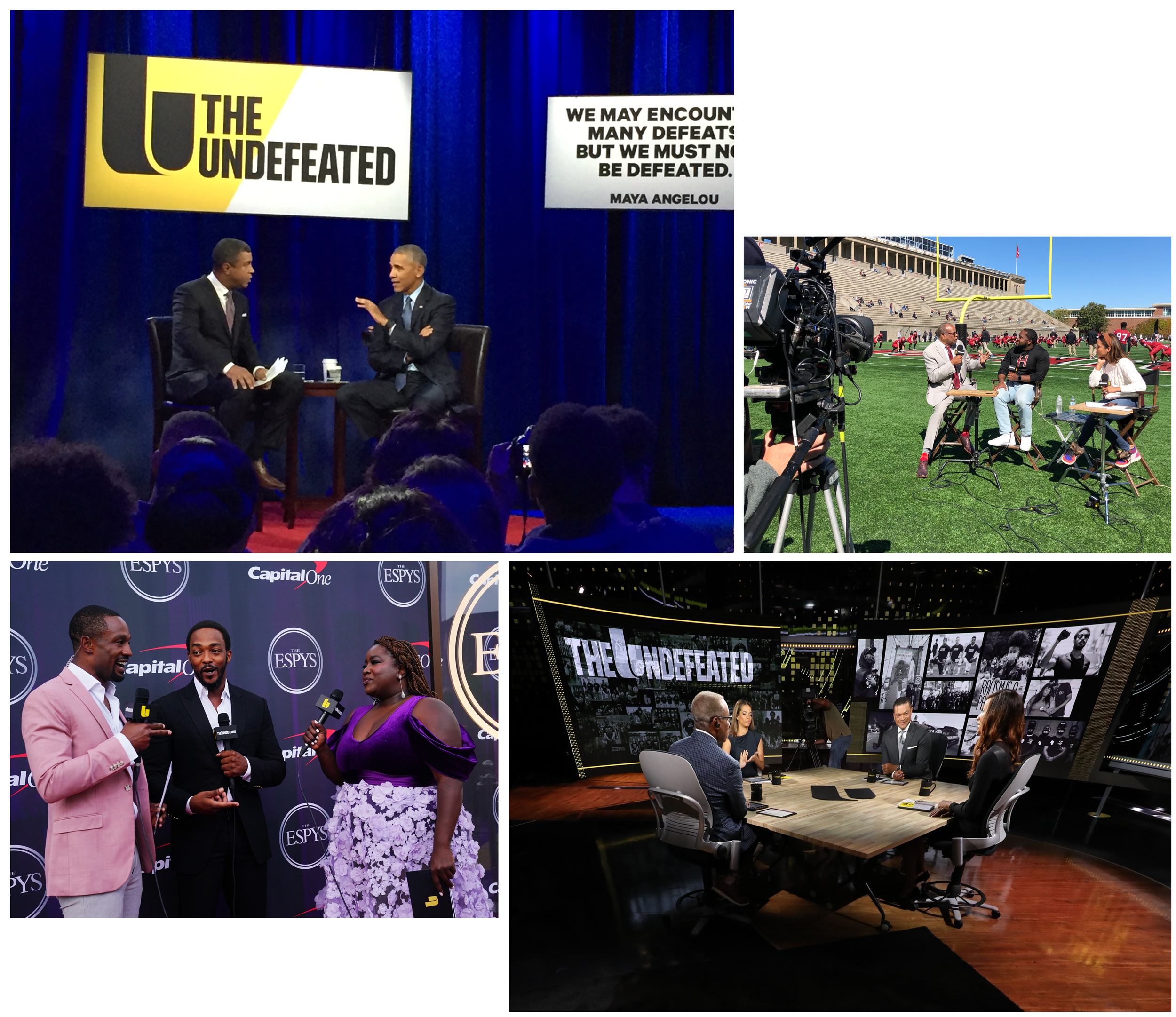 Four imagec collage showing interview with Obama, football field interview, ESPY's red carpet interview and studio show prep.