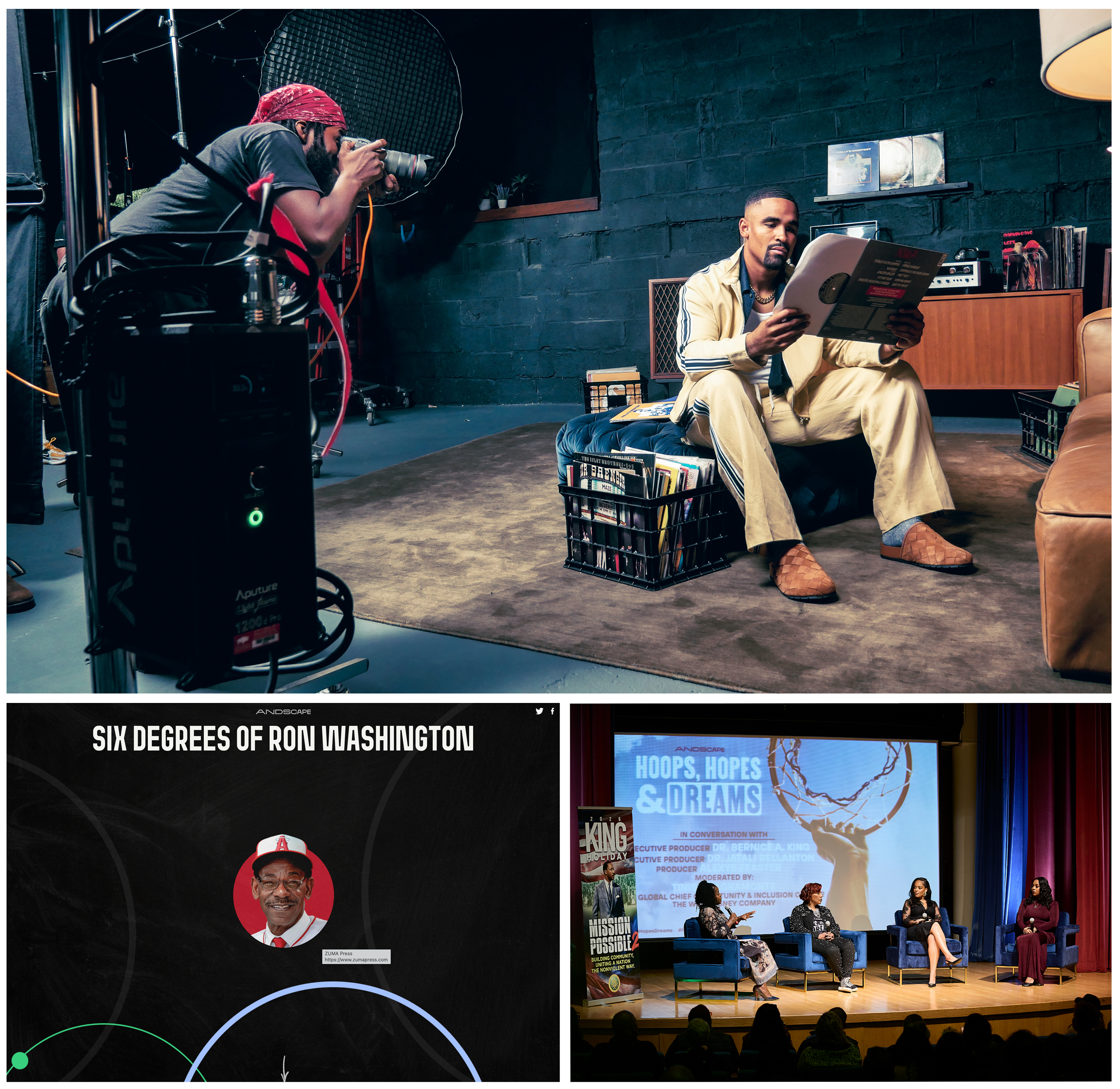 Collage including BTS image of photos with Jalen Hurts, A screen grab of the Ron Washington project, and a panel about Andscape documentary "Hoops, Hopes & Dreams."