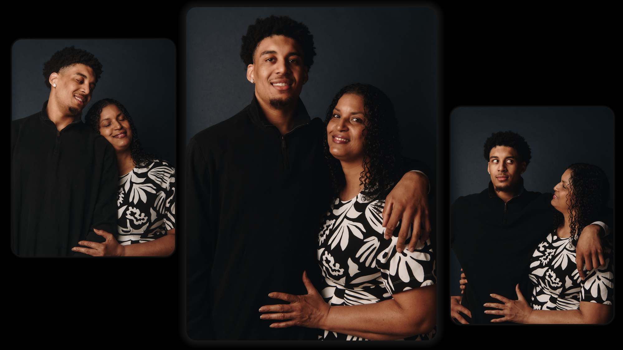 Three images of Yaxel and his mom.