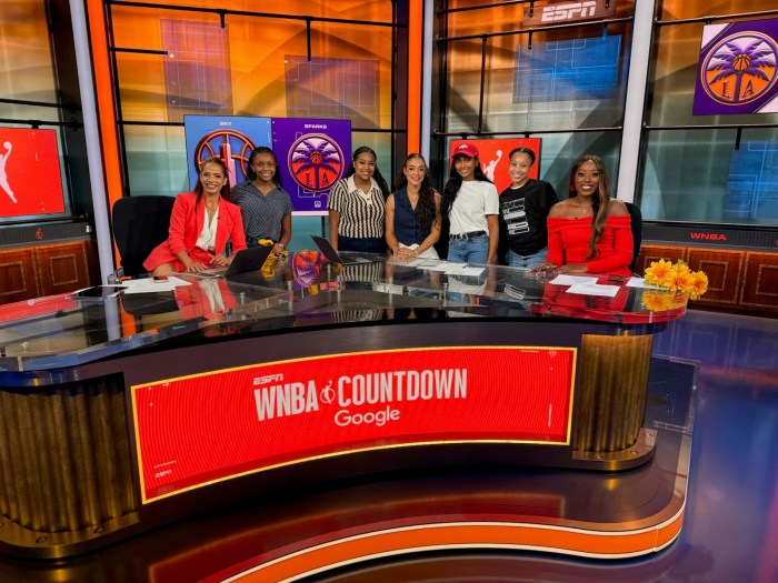 The Rhoden Fellows visit the set of "WNBA Countdown." From left: Former "WNBA Countdown" host Elle Duncan (from left), Alauna Marable, Raigan Lydon, host Andraya Carter, Ciara Latham, Calandrea Carter and host Chiney Ogwumike.Courtesy of Ciara Latham