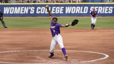 James Madison's Odicci Alexander pitches during a game against Oklahoma in the 2021 Women's College World Series in Oklahoma City.